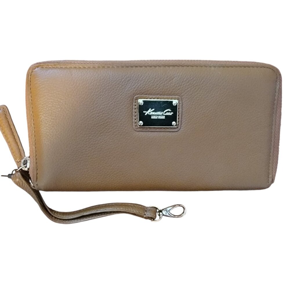 KENNETH COLE Saddle Brown Leather Wallet W/ Removable Wristlet- Zip Around